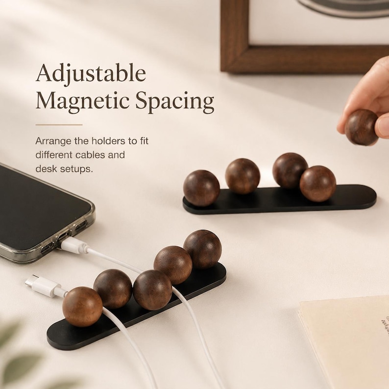 May include: Two black rectangular magnetic bases with multiple dark brown wooden spherical cable holders. The text reads Adjustable Magnetic Spacing and Arrange the holders to fit different cables and desk setups. White charging cables are shown.