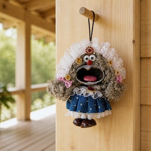 May include: A hanging plush doll with curly brown hair, large googly eyes, and a red nose. It wears a white lace bonnet, a blue dress with white floral patterns, and brown shoes. The doll is adorned with small red and gold decorative gems.