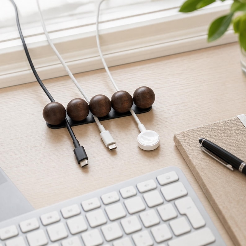 May include: A black cable organizer featuring five dark brown wooden spheres attached to a flat base. The device holds one black charging cable and three white charging cables, including one with a circular magnetic connector for a smartwatch.