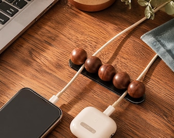 Walnut Magnetic Cable Organizer, Minimalist Wooden Cord Holder, Desk Accessory