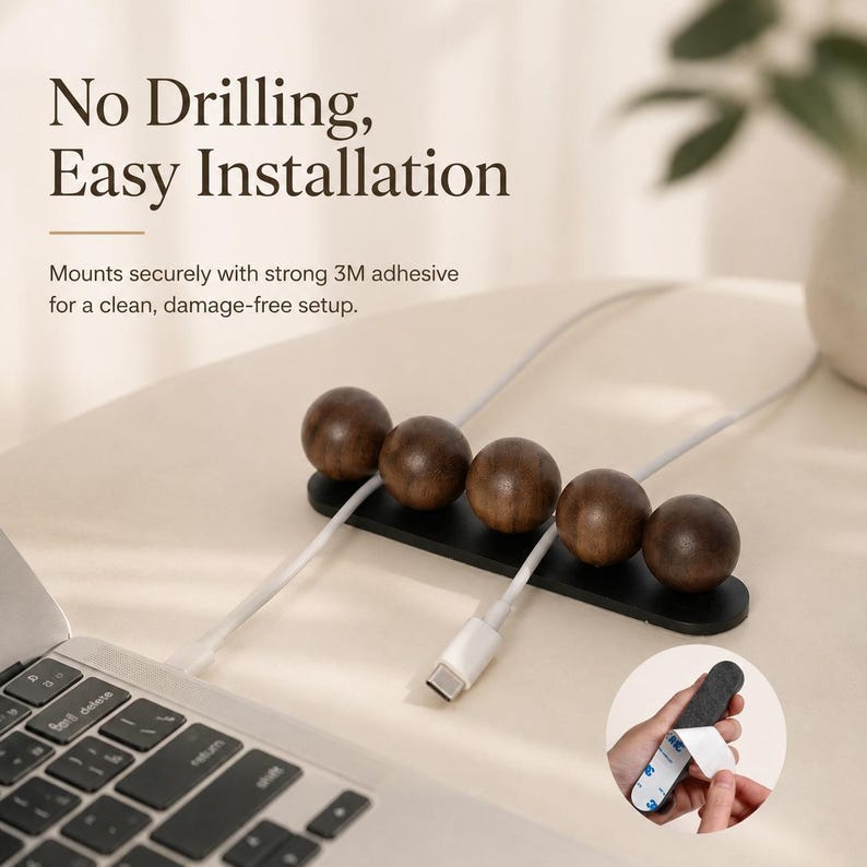 May include: A black cable organizer with five dark brown wooden spheres mounted on a flat base. The text reads: No Drilling, Easy Installation. Mounts securely with strong 3M adhesive for a clean, damage-free setup. Two white charging cables are held in place.