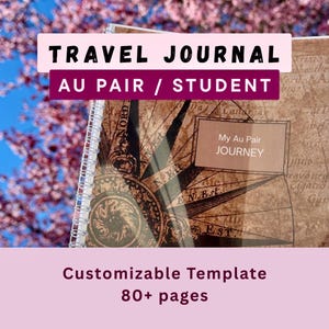 Peut inclure: Un carnet de voyage à reliure spirale avec une couverture illustrée d'une carte ancienne et d'une rose des vents. La couverture porte le texte TRAVEL JOURNAL AU PAIR / STUDENT et My Au Pair JOURNEY. Modèle personnalisable de 80+ pages.