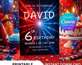 Spiderman Birthday Invitation Printable, Spider Theme Birthday Invite, Boy Birthday Party Invitation, Red Blue Birthday Card.