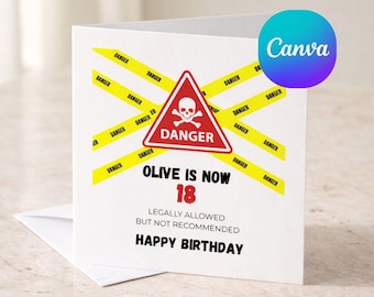 Editable 18th Birthday Card Template, Funny Danger Birthday Card, Canva Editable Card, Personalized 18th Birthday Gift, Printable Birthday