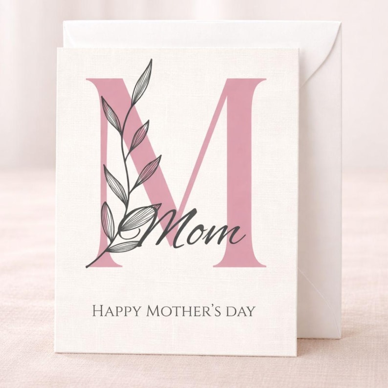 Może przedstawiać: Kartka z życzeniami z r&oacute;żową literą "M" i słowem "Mom" w skrypcie. Czarno-biały kwiatowy wz&oacute;r znajduje się po lewej stronie litery. Słowa "HAPPY MOTHER'S DAY" są wydrukowane na dole karty. Za kartą znajduje się biała koperta.