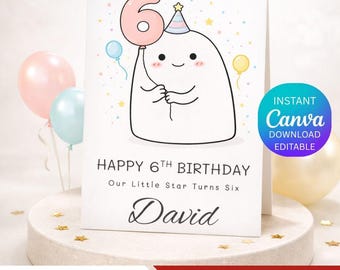 6th Birthday Card Printable, Our Little Star Turns Six, Editable Canva Template, Personalized Kids Birthday Card, Boy Girl Birthday.