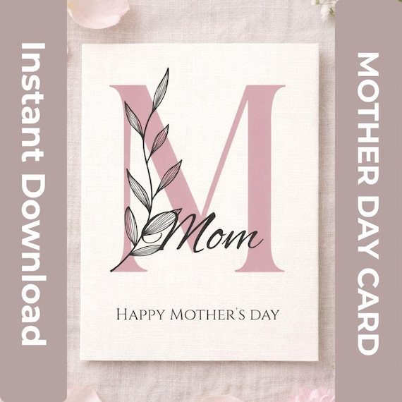 Minimalist Mothers Day Card Printable, Elegant Mom Card, Floral Initial M Mom Card, Simple Mothers Day Card, Instant Download