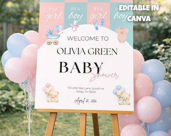 Baby Shower Sign Welcome Teddy Bear Digital DIY Printable Decor Blue Balloon Boy Theme Customizable Bearly Wait Baby Boy Shower Entry Sign