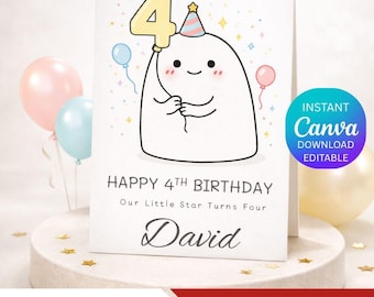 4th Birthday Card Printable, Our Little Star Turns Four, Editable Canva Template, Personalized Kids Birthday Card, Boy Girl Birthday.