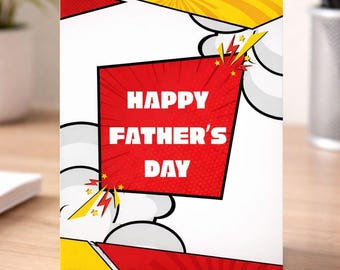 Comic Fathers Day Card Printable, Pop Art Happy Fathers Day Card, Superhero Dad Card, Funny Dad Greeting Card, Instant Download