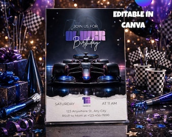 Racecar birthday invitation, F1, car, race, sports car, invitation, 10th birthday, boys, personalized, digital download