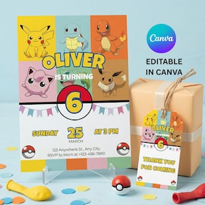 May include: A birthday party invitation and gift tag featuring popular cartoon characters. The invitation includes the name "Oliver" and the number "6", with the text "Sunday 25 March at 3 PM". The gift tag says "Thank you for coming".
