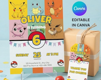 Invitación editable de Pokémon, invitación de cumpleaños de Pokémon, invitaciones imprimibles para fiestas de cumpleaños, plantilla digital para invitación de cumpleaños
