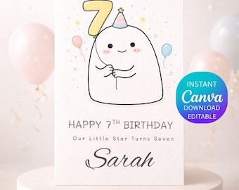 7th Birthday Card Printable, Our Little Star Turns Seven, Editable Canva Template, Personalized Kids Birthday Card, Boy Girl Birthday.