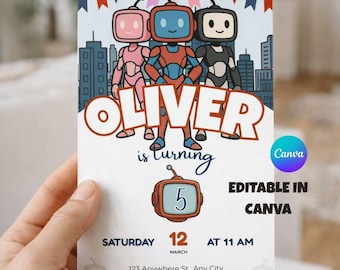 Robotic Birthday Invitation, Editable Canva Template, Kids Robot Party Invite, Printable Birthday Invitation, Digital Download