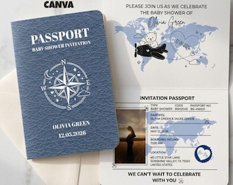 Passport Baby Shower Invitation Editable Canva Template, Travel Theme Baby Shower Invite, Boarding Pass Invitation, Baby Shower Card