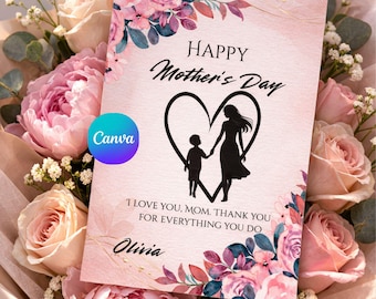 Editable Floral Mother’s Day Card Canva Template, Watercolor Mom Greeting Card, Printable 5x7 Mother’s Day Card, Instant Download