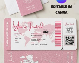 Passport Baby Shower Invitation Girl Editable Canva Template, Travel Theme Baby Shower Invite, Boarding Pass Invitation, Pink Baby Shower.