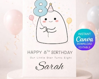 8th Birthday Card Printable, Our Little Star Turns Eight, Editable Canva Template, Personalized Kids Birthday Card, Boy Girl Birthday.
