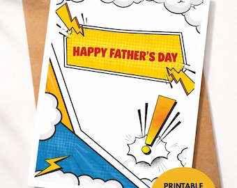 Funny Fathers Day Card Printable, Comic Pop Art Dad Card, Happy Fathers Day Card, Superhero Dad Card, Instant Download Greeting Card
