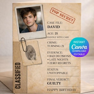 May include: A birthday card with a vintage design, featuring a photo of a young man and text that reads "Top Secret," "Case File: David," and "Guilty." The card includes a fingerprint and the Canva logo.