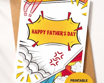 Funny Fathers Day Card Printable, Comic Pop Art Dad Card, Happy Fathers Day Card, Superhero Dad Card, Instant Download Greeting Card