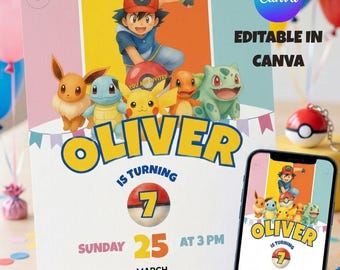 Pokemon Birthday Invitation Editable Canva Template, Pikachu Party Invite, Digital Download Kids Birthday Card, Pokemon Invitation Boy Girl