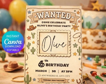 Editable Birthday Invitation, Western Wanted Birthday Invite, Kids Cowboy Party Invitation, Canva Editable Invitation.