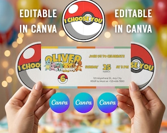 7 invitaciones de cumpleaños de Pokémon editables en Canva, invitación de Pokeball plegada, invitación para fiesta de cumpleaños infantil, invitación de Pikachu, descarga digital