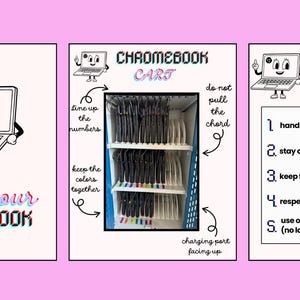 May include: A three-panel graphic with a pink background. The first panel says "charge your CHROMEBOOK" with a cartoon laptop. The second panel shows a Chromebook cart with instructions. The third panel lists Chromebook rules.