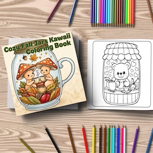 Cozy Fall Jars Kawaii Malbuch, 40 Seiten, entspannende Aktivität (digitaler Download)