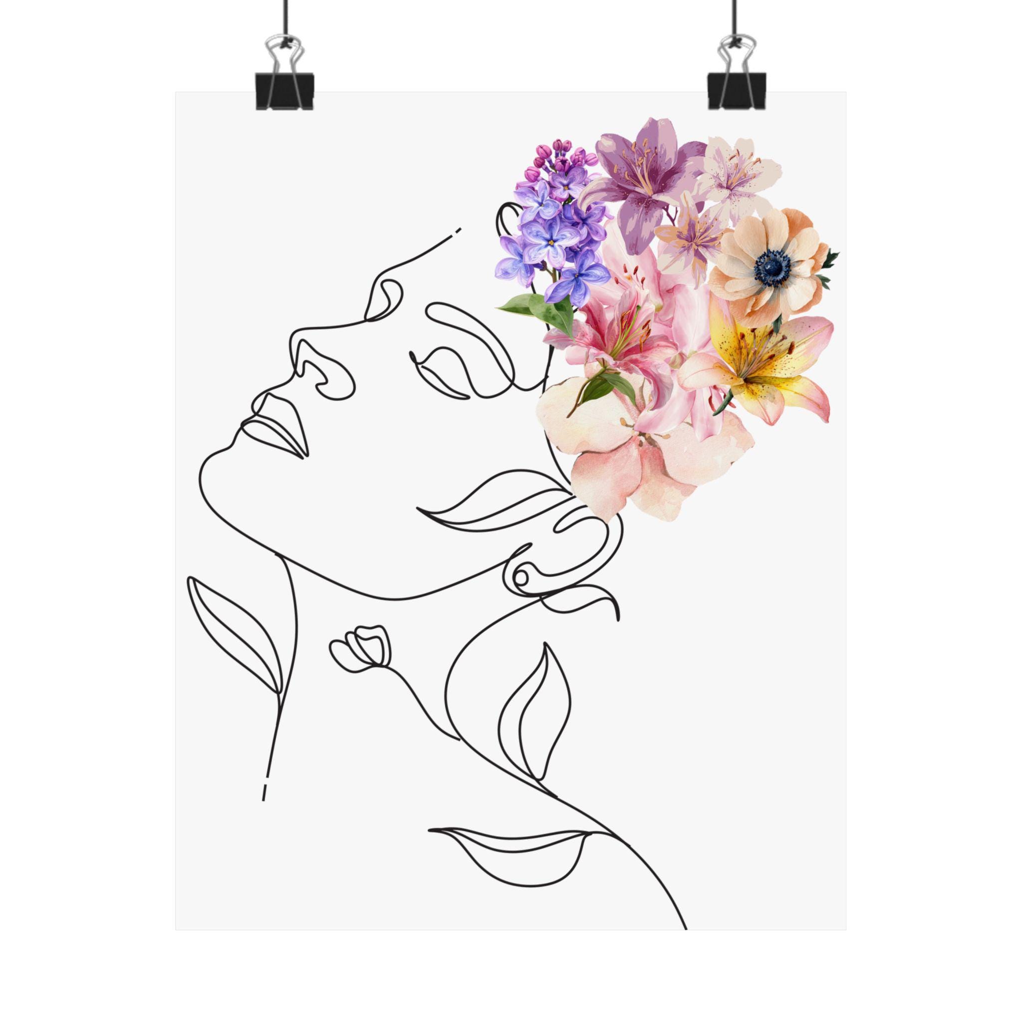 Abstract Woman Line Art Print, Minimalist Floral Face Poster, Neutral ...