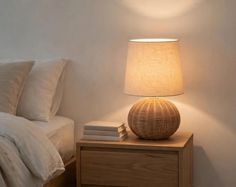 Può includere: Una lampada da tavolo con una base rotonda in rattan intrecciato marrone chiaro e un paralume conico in tessuto bianco sporco. La lampada emette una luce calda e soffusa che illumina l'area circostante. È posizionata accanto a tre libri chiari.