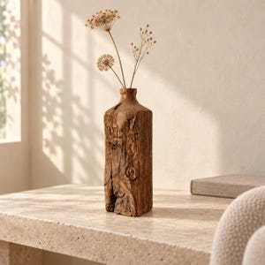 May include: A tall, rectangular vase carved from natural brown wood with a rough, weathered texture and visible grain. The vase features a narrow neck and holds two delicate, dried stems with small, round, light-colored flower heads.