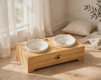 Solid Pine Double Elevated Cat Bowl Stand, Paw Print Cutouts, Ceramic Bowls (38x18x10cm)