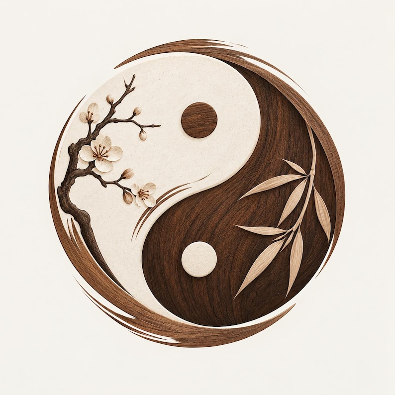 Pu&ograve; includere: Un'opera d'arte da parete circolare in legno raffigurante un simbolo yin e yang. Il design incorpora una sezione testurizzata chiara con un ramo di ciliegio in legno scuro e una sezione in legno scuro con foglie di bamb&ugrave; chiare.