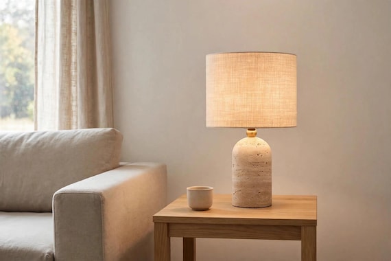 Natural Travertine Table Lamp, Linen Shade, Wabi Sabi Japandi Nightstand Light
