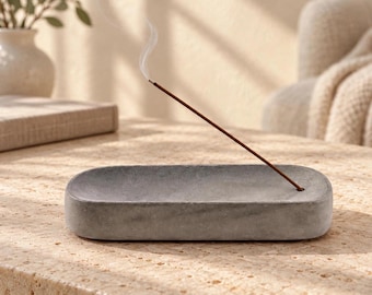 Wabi Sabi Cement Incense Holder - Wood Effect Ash Catcher Tray, Zen Burner