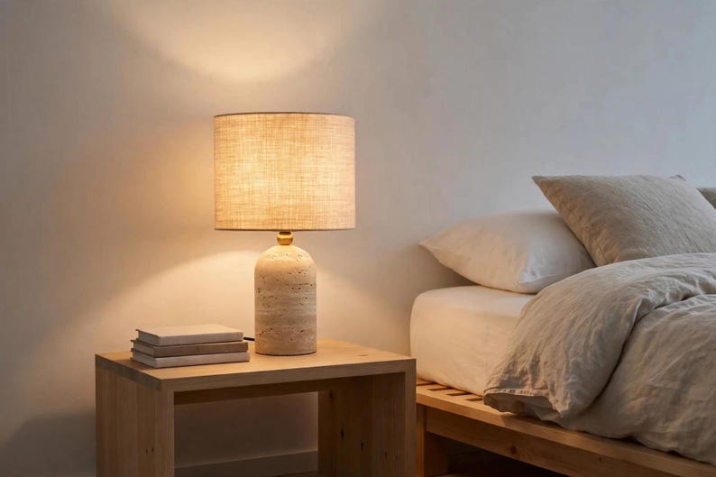 Pu&ograve; includere: Una lampada da tavolo con una base cilindrica in pietra beige porosa dalla finitura naturale e testurizzata, completata da un collo in metallo dorato. La lampada presenta un paralume cilindrico in tessuto beige chiaro che emana luce.