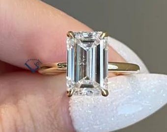 IGI Real 3Ct Emerald Cut Hidden Halo Lab Grown Diamond Engagement Ring For Women 14K Solid Gold Emerald Diamond Hidden Halo Wedding Ring