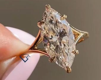 3Ct Marquise Cut Split Shank Lab Grown Diamond Engagement Ring For Women 14K Solid Gold Marquise Diamond Solitaire Wedding Ring Leaf Prong