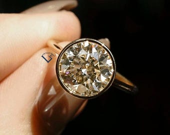 3Ct Round Cut Lab Grown Diamond Bezel Set Solitaire Engagement Ring For Women 14KSolid Gold IGI Certified Round Diamond Twisted Wedding Ring