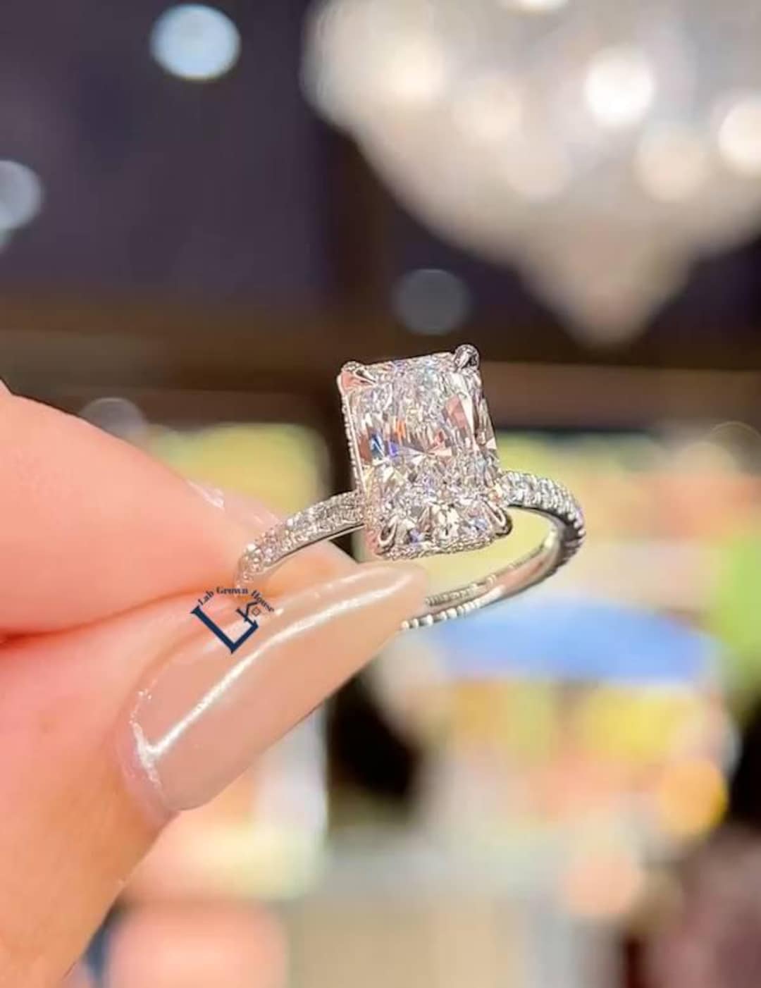14K Solid Gold Radiant Cut Lab Grown Diamond Hidden Halo Engagement ...