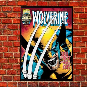 Puede incluir: Portada de cómic enmarcada con Wolverine con las garras extendidas. La portada tiene un esquema de color amarillo y azul, con el título "Wolverine" en letras blancas grandes. El texto incluye "Giant Sized 25th Anniversary Issue" y "Still the Best at What He Does."