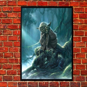 May include: A framed print featuring a digital painting of Yoda from Star Wars. The artwork depicts Yoda sitting on a moss-covered tree root in a swampy, green environment. The image has a dark, moody atmosphere with a focus on the character.