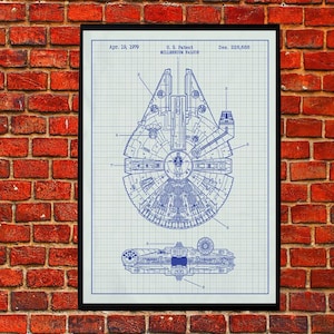 May include: Blueprint-style print of the Millennium Falcon, a spaceship from Star Wars. The print is in blue ink on graph paper, with technical drawings of the ship's top and side views. The print is framed in black and mounted on a red brick wall.