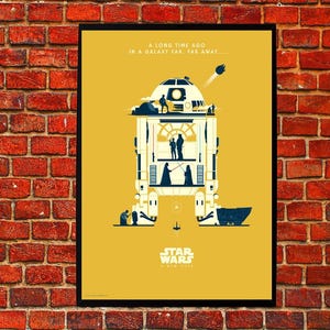 May include: Framed poster with a yellow background, depicting a stylized R2-D2 droid illustration. The artwork uses white and blue accents. Text at the top reads "A LONG TIME AGO IN A GALAXY FAR, FAR AWAY..." and the Star Wars logo is at the bottom.