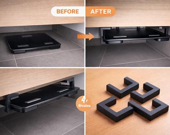 May include: An image shows a black digital scale before and after being stored in a cabinet. The scale is mounted on a black, pull-out tray. The image also shows four black, L-shaped brackets. The scale is retracted into the cabinet.