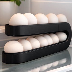Puede incluir: Un soporte negro para huevos de dos niveles lleno de huevos blancos, dentro de un refrigerador. El soporte está hecho de un material negro mate y está diseñado para contener una docena de huevos. Los huevos son visibles y están bien organizados.