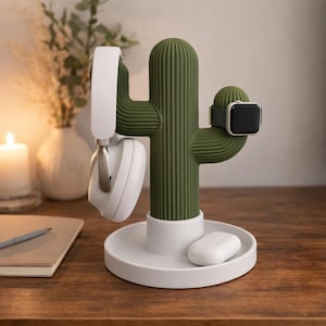 Cactus Headphone Stand with Apple Watch Holder | Minimalist Desk Organizer | 3D Printed Headset Stand | AirPods Tray | Unique Desk Decor